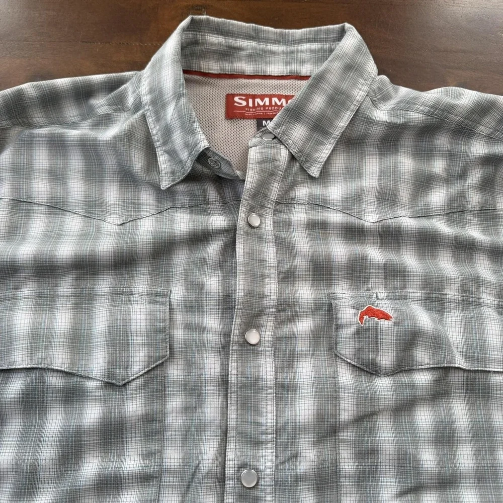 Simms Shirt Mens Medium Gray‎ Plaid Pearl Snap Long Sleeve Fishing Nylon Barfly - Picture 5 of 13